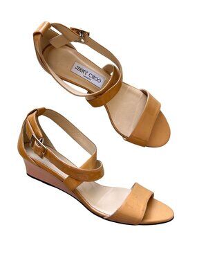 Jimmy Choo Women's Sz 39 Patent Leather Nude Chiara Wedge Sandals